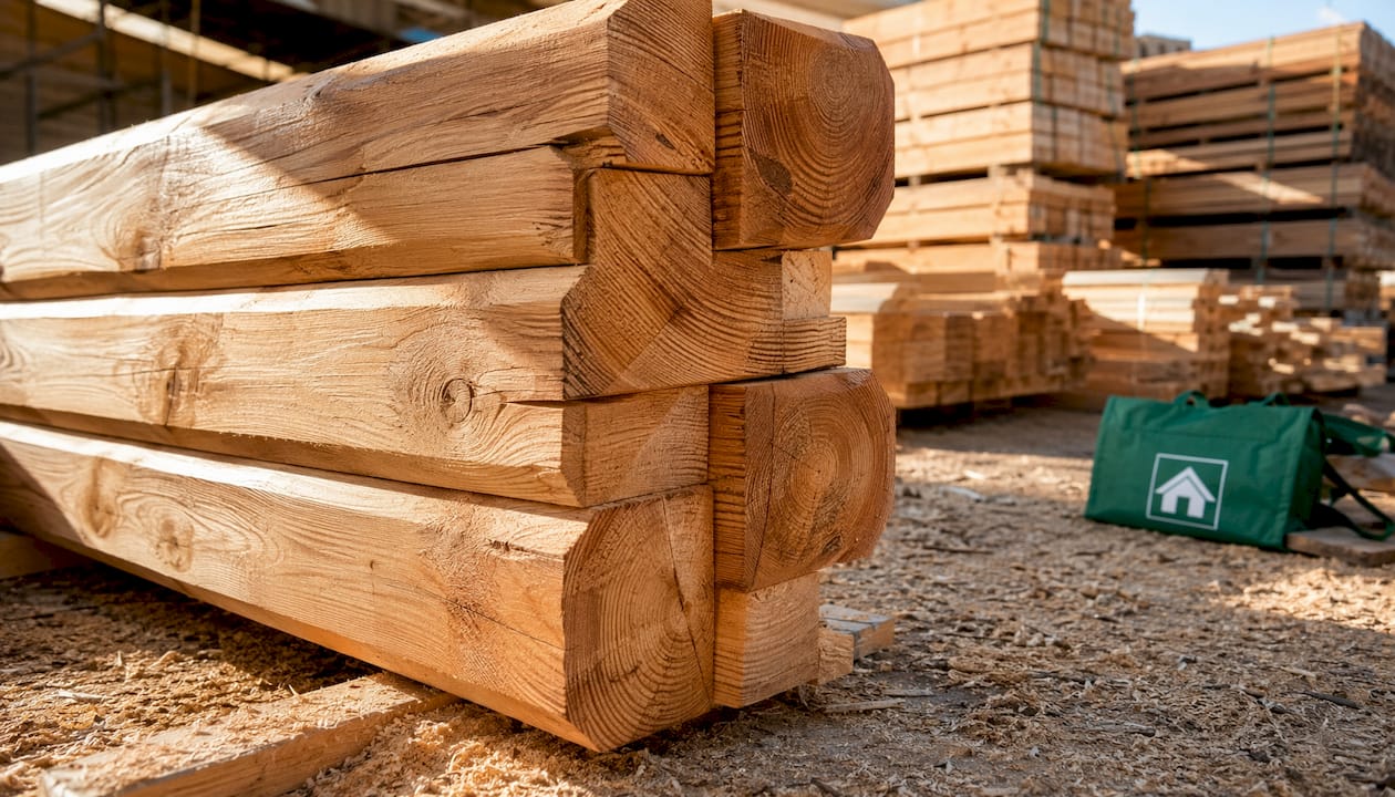 Close-up of thick interlocking timber logs for garden building