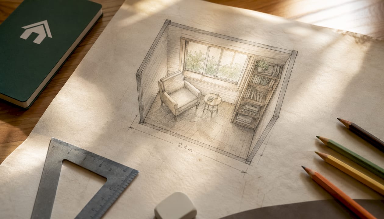 Overhead view of compact reading cabin floor plan sketch