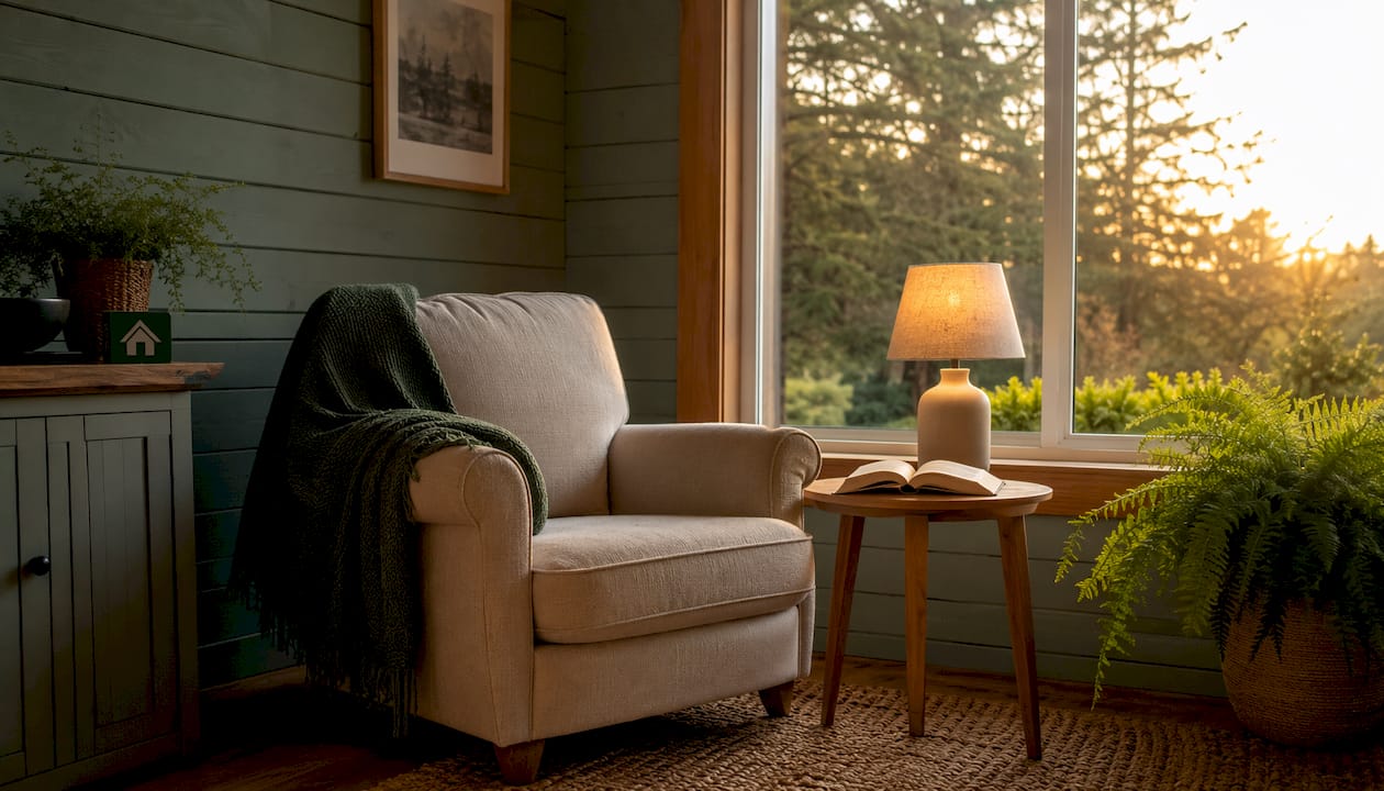 Cozy interior of garden reading room with chair and window