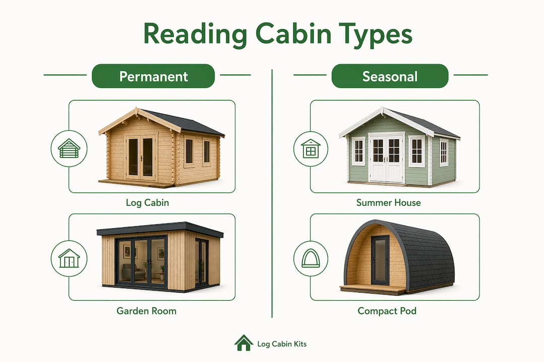 Infographic showing types of reading cabins categorized