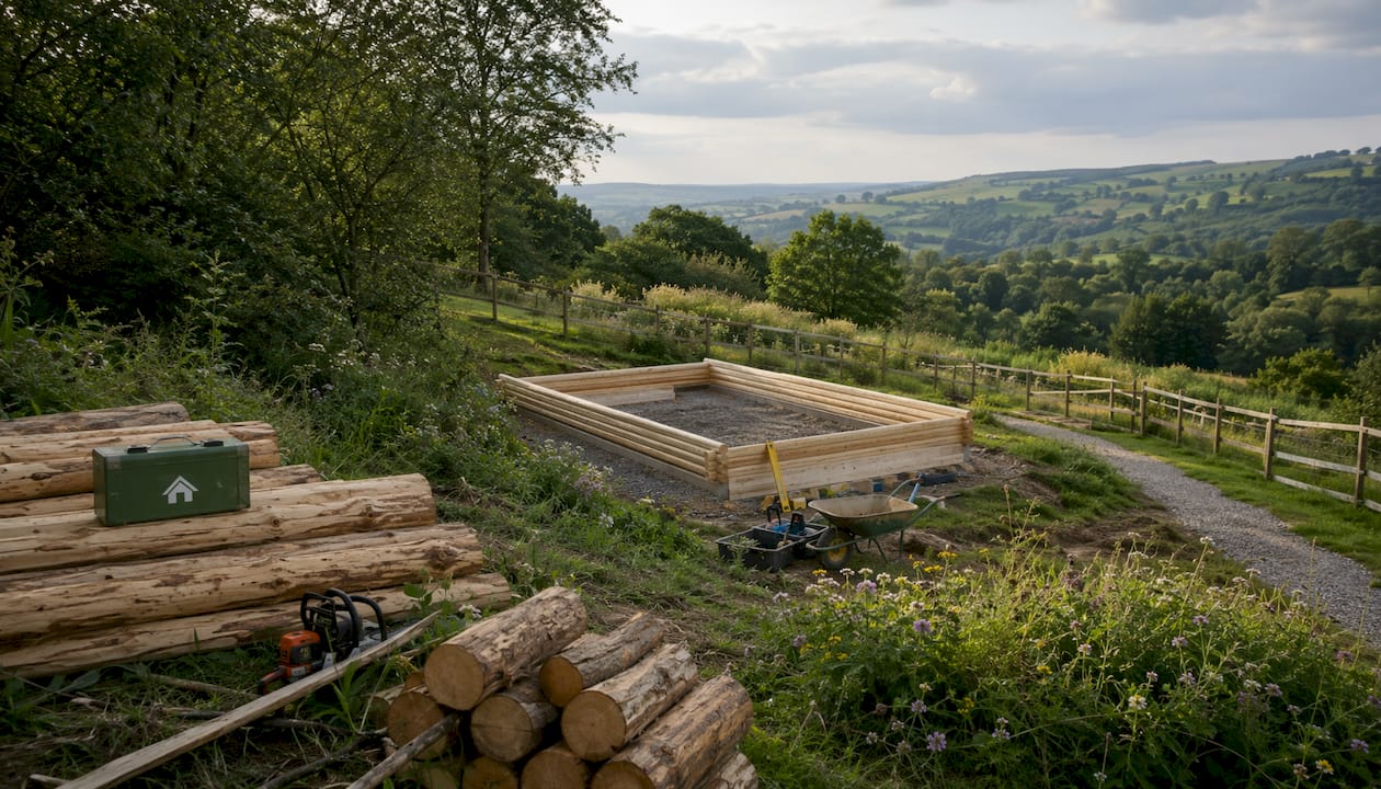Partially built log cabin foundation in garden next to shared access path