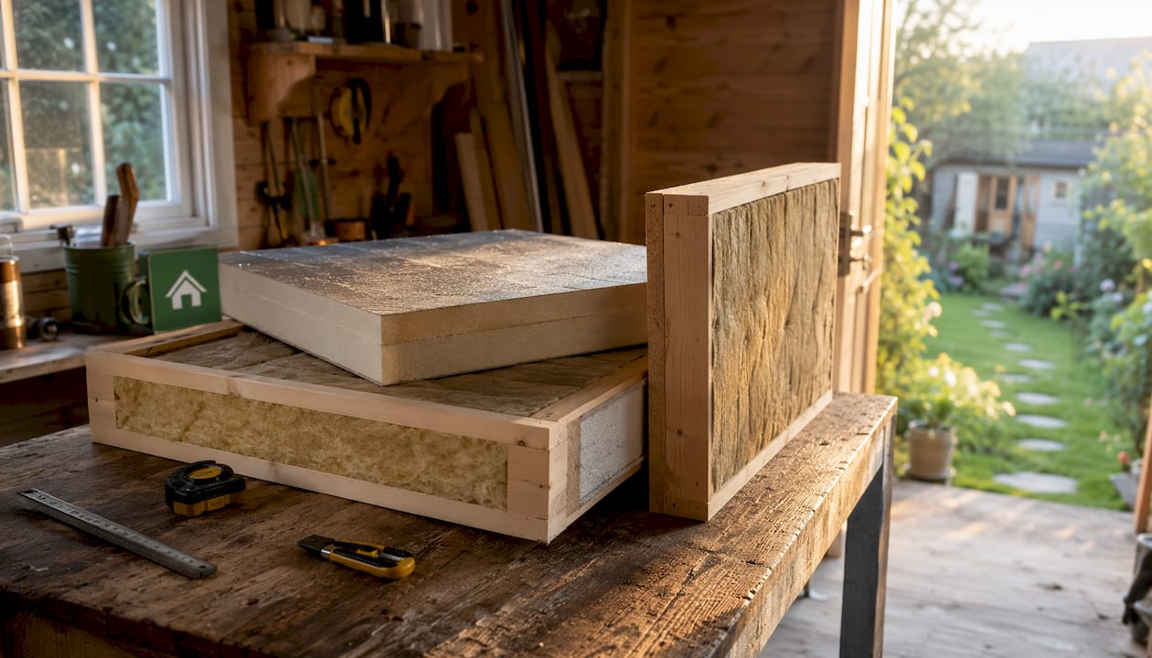 Close-up of roof, floor, and wall insulation panels in workshop