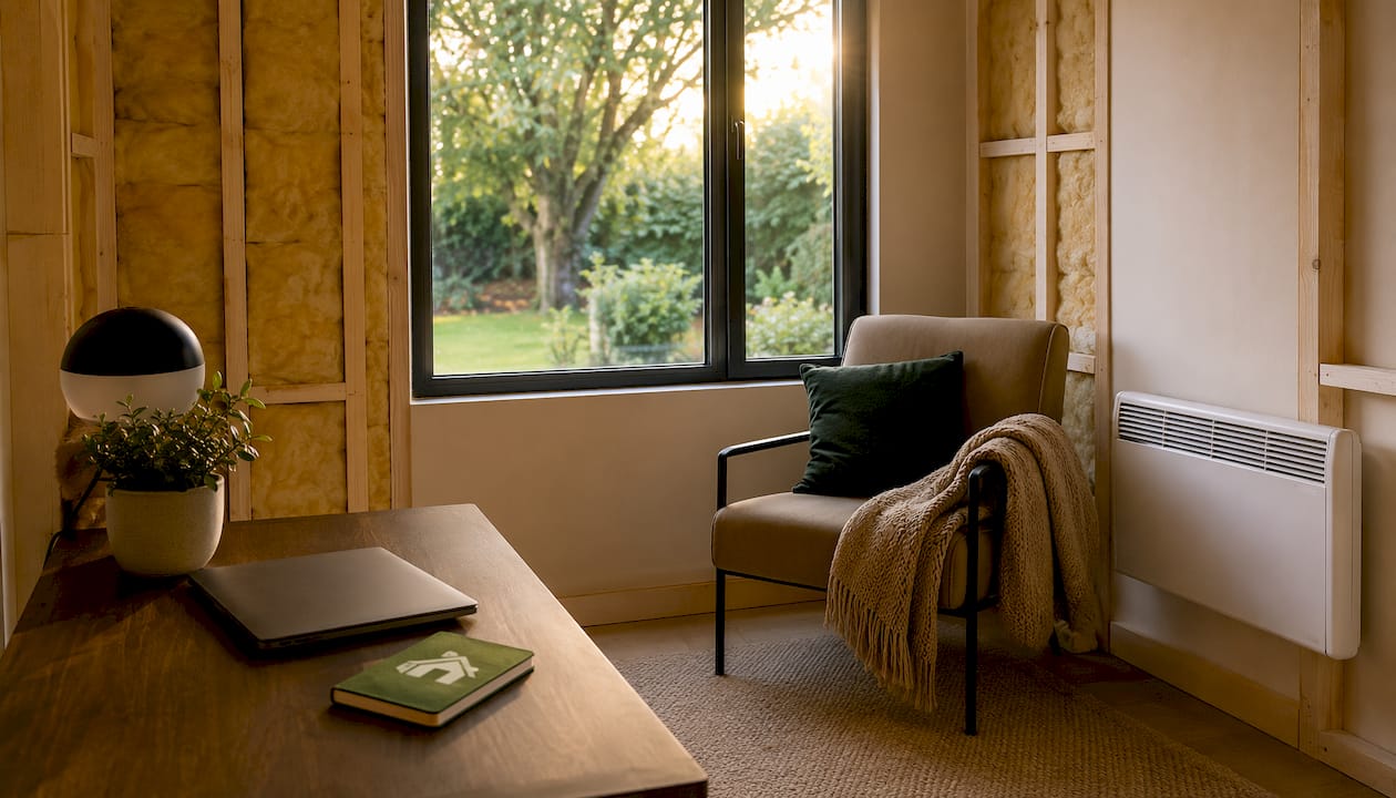 Interior of insulated garden room with electric heater on wall