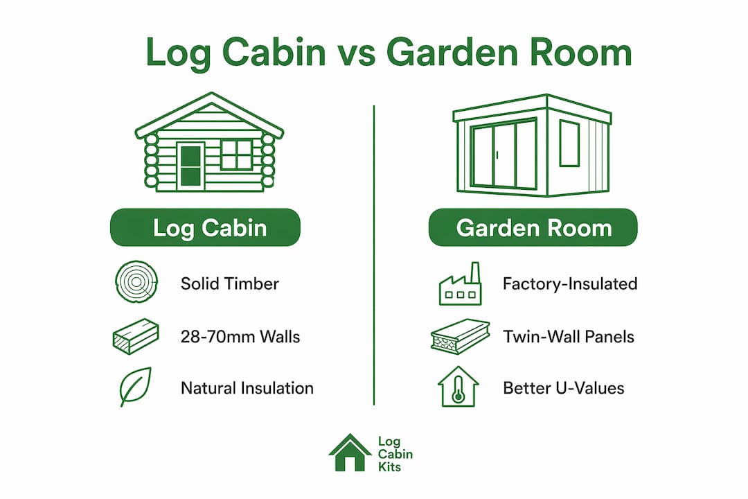 Infographic comparing log cabin and garden room key features