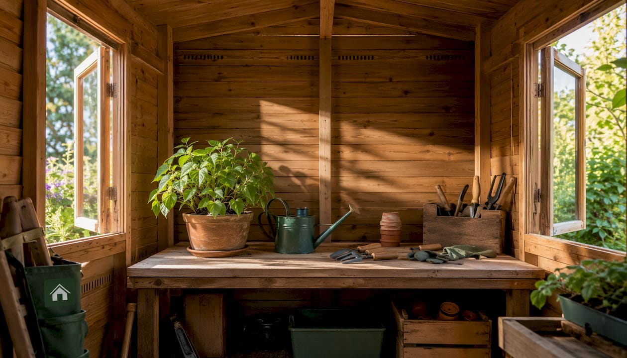 Corner view of ventilated timber garden cabin interior with tools