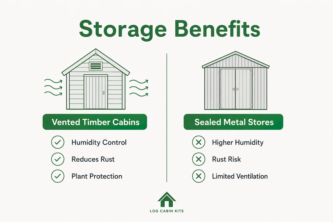 Infographic comparing vented timber cabins with sealed metal stores for garden storage