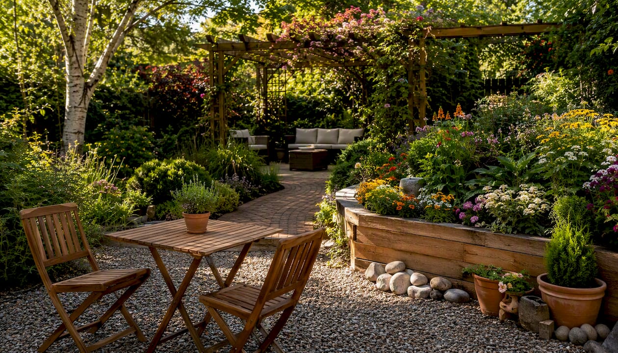 Residential garden showing distinct functional zones