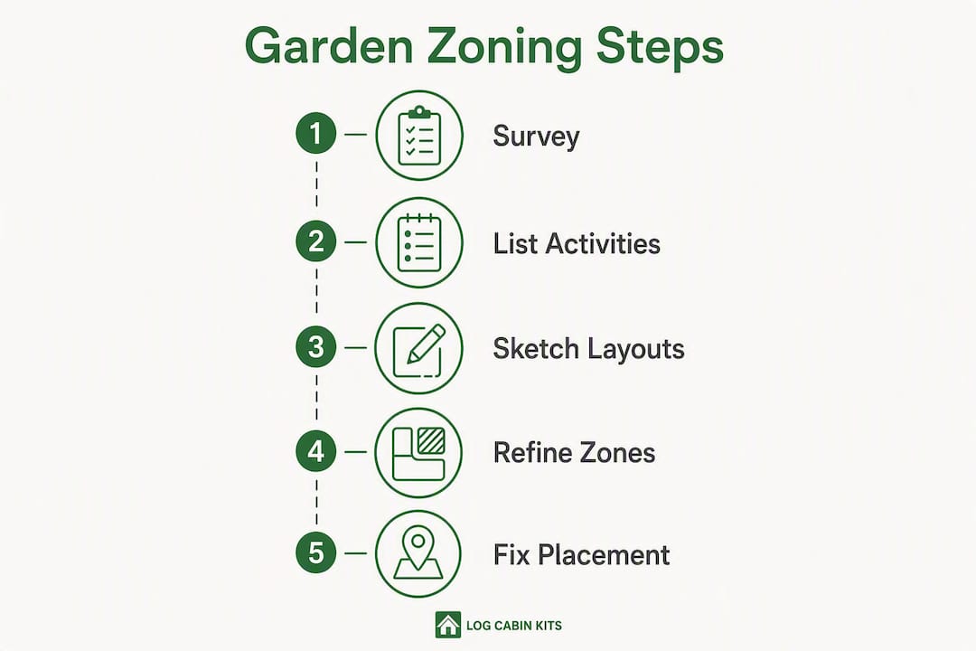 Infographic illustrating five steps of garden zoning design process