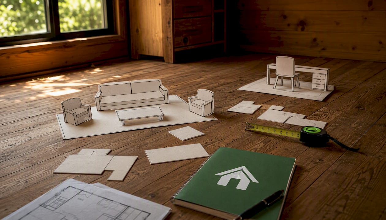 Overhead view of garden cabin layout with paper furniture cut-outs