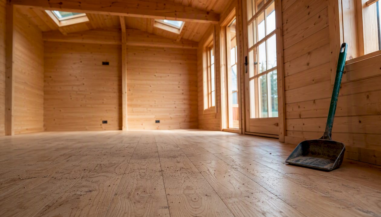 Empty clean garden cabin interior ready for organizing