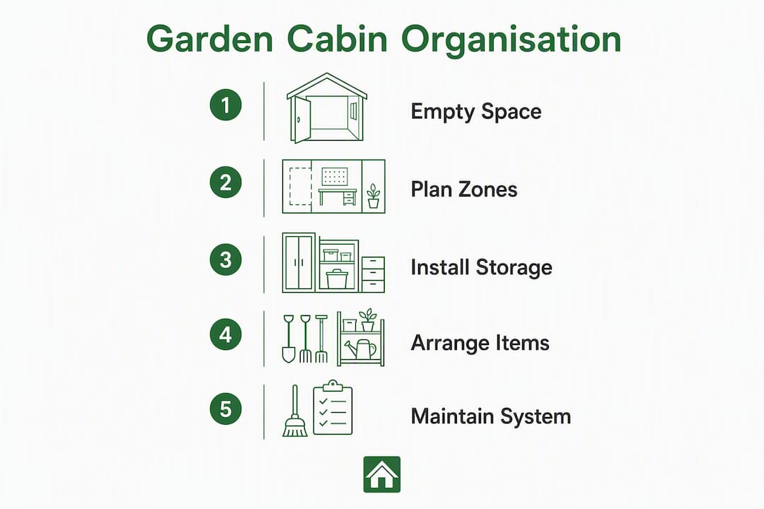 Infographic showing garden cabin organisation steps