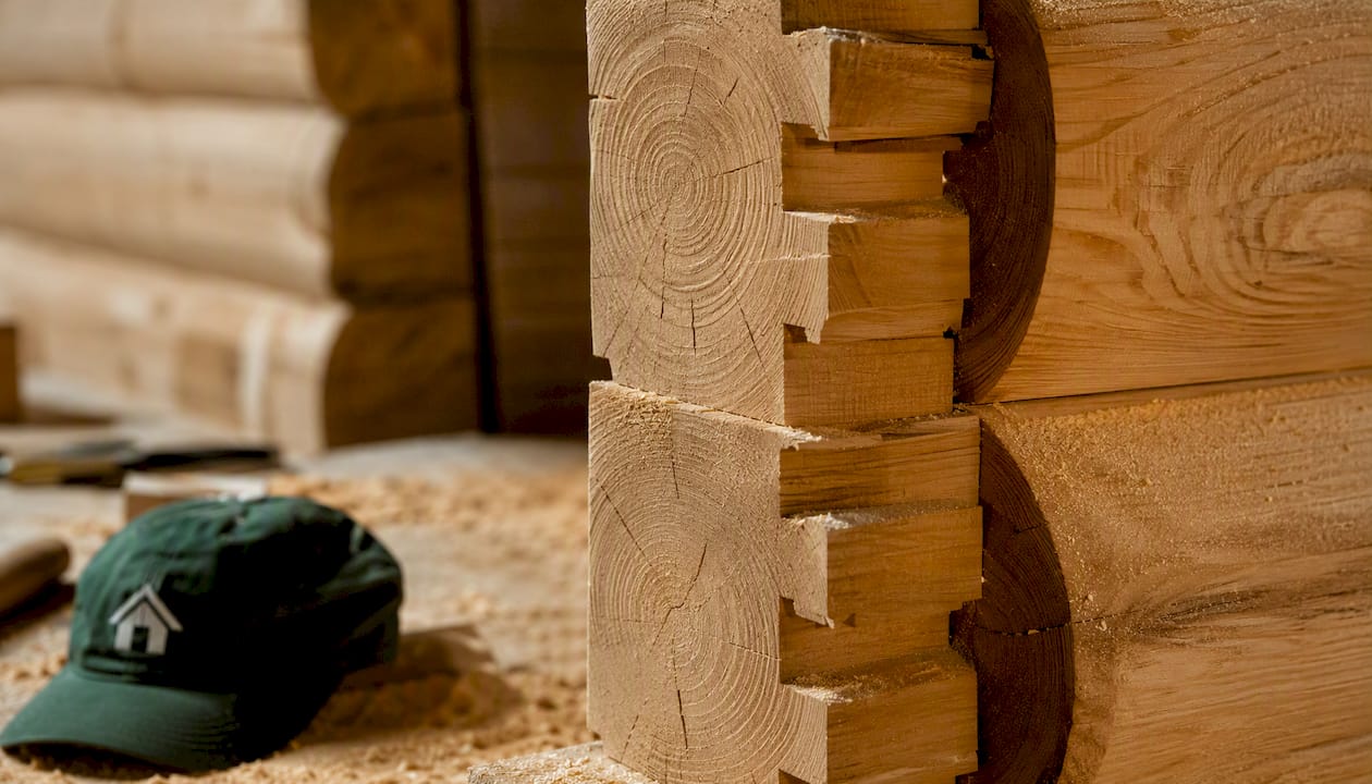 Close-up of log cabin wall joinery