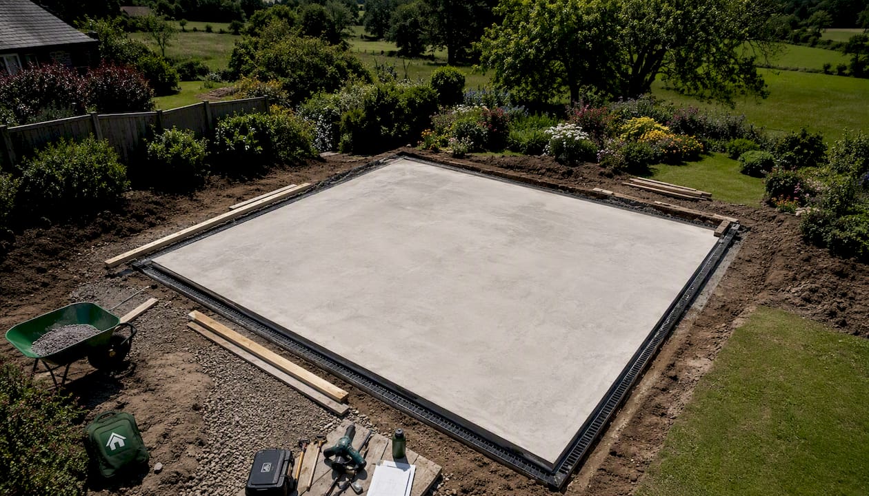 Drone view of log cabin foundation work