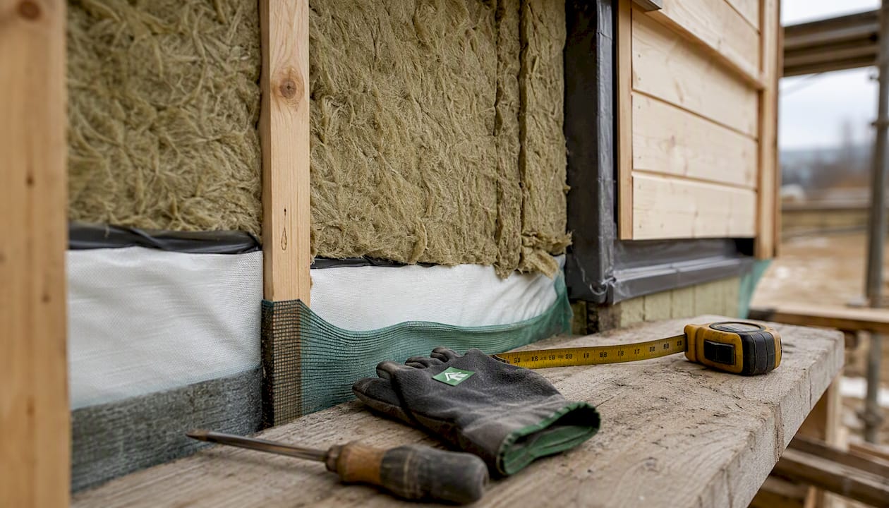 Close-up of building wall insulation layers and tools