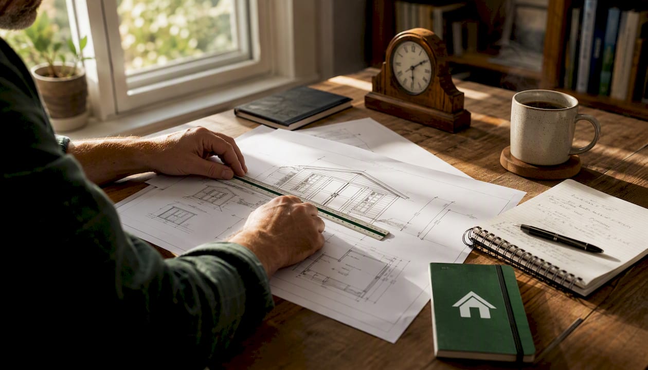 Hands measuring garden building plans with scale ruler