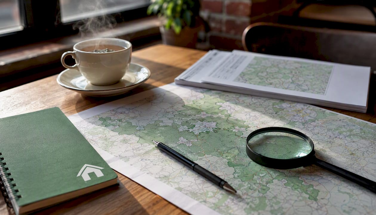 Desk with Green Belt maps and planning tools