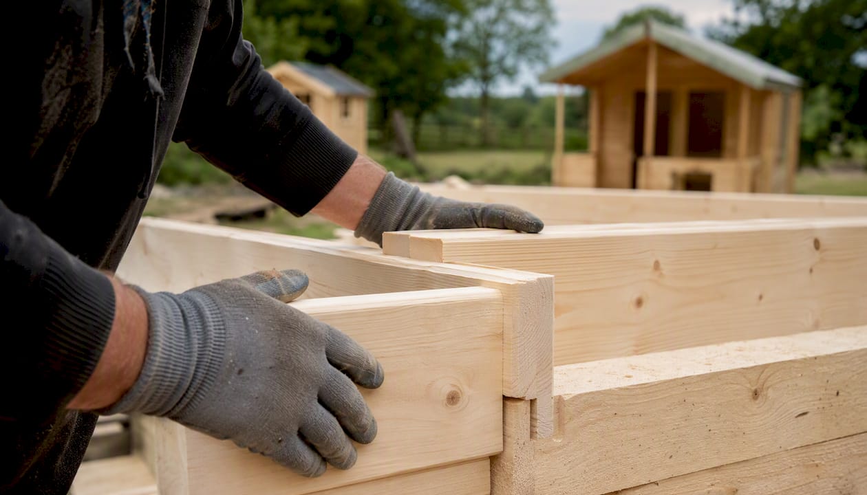Hands fitting timber boards on bespoke garden building
