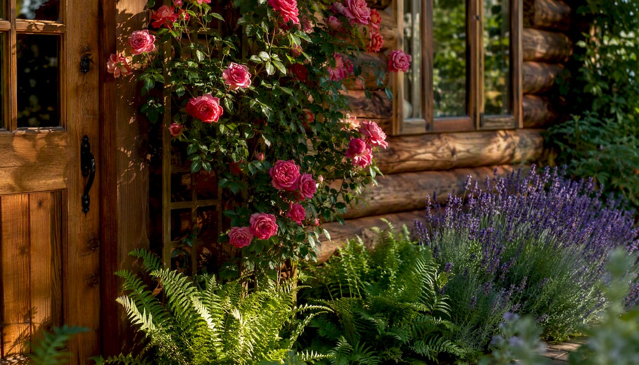 Seasonal plants framing a garden log cabin entrance