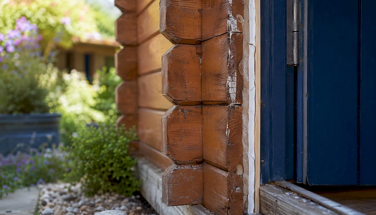 Close-up of log cabin timber joint and sealant