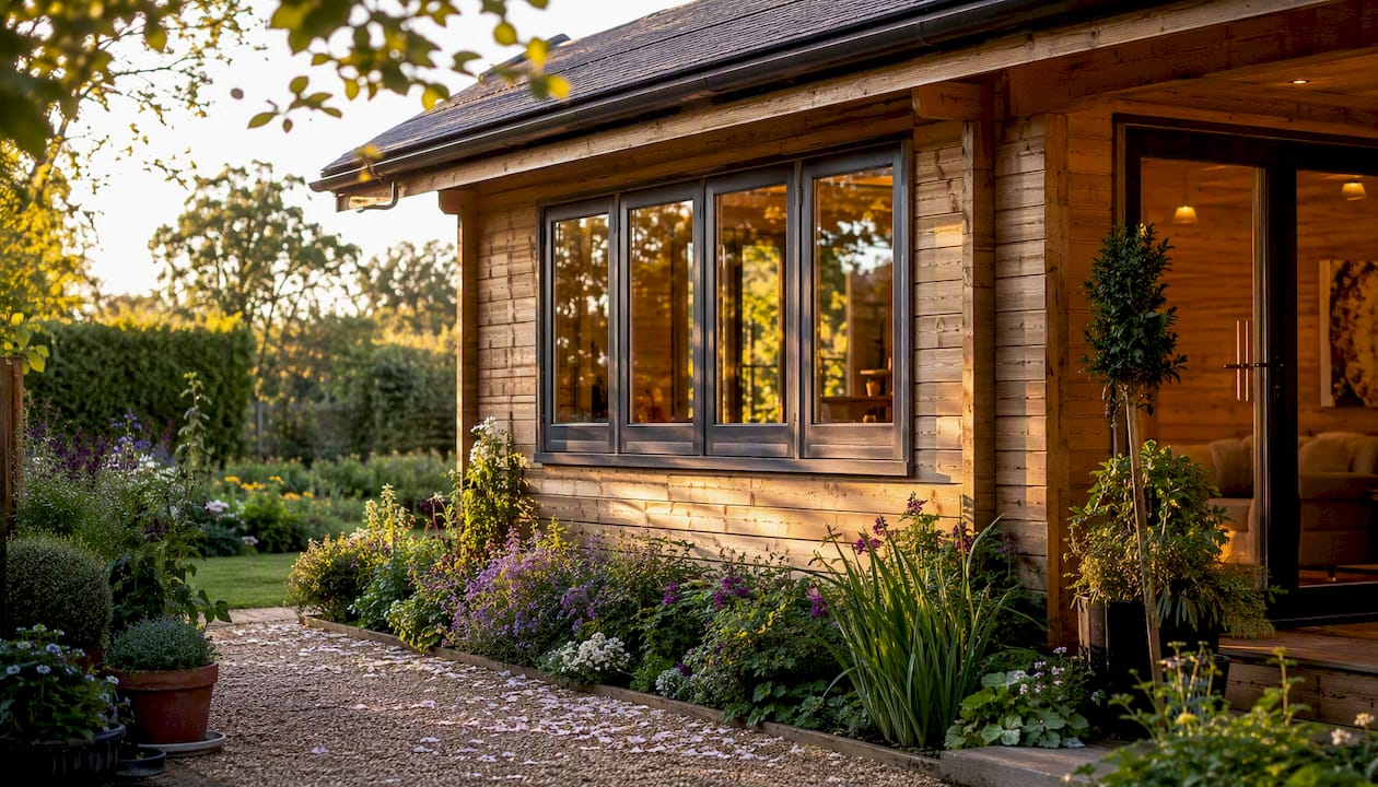Bespoke garden log cabin corner with large windows and garden