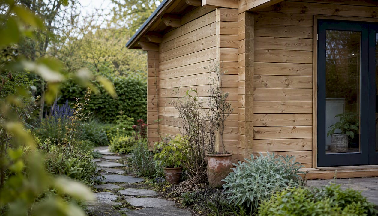 Bespoke garden log cabin with timber cladding in garden