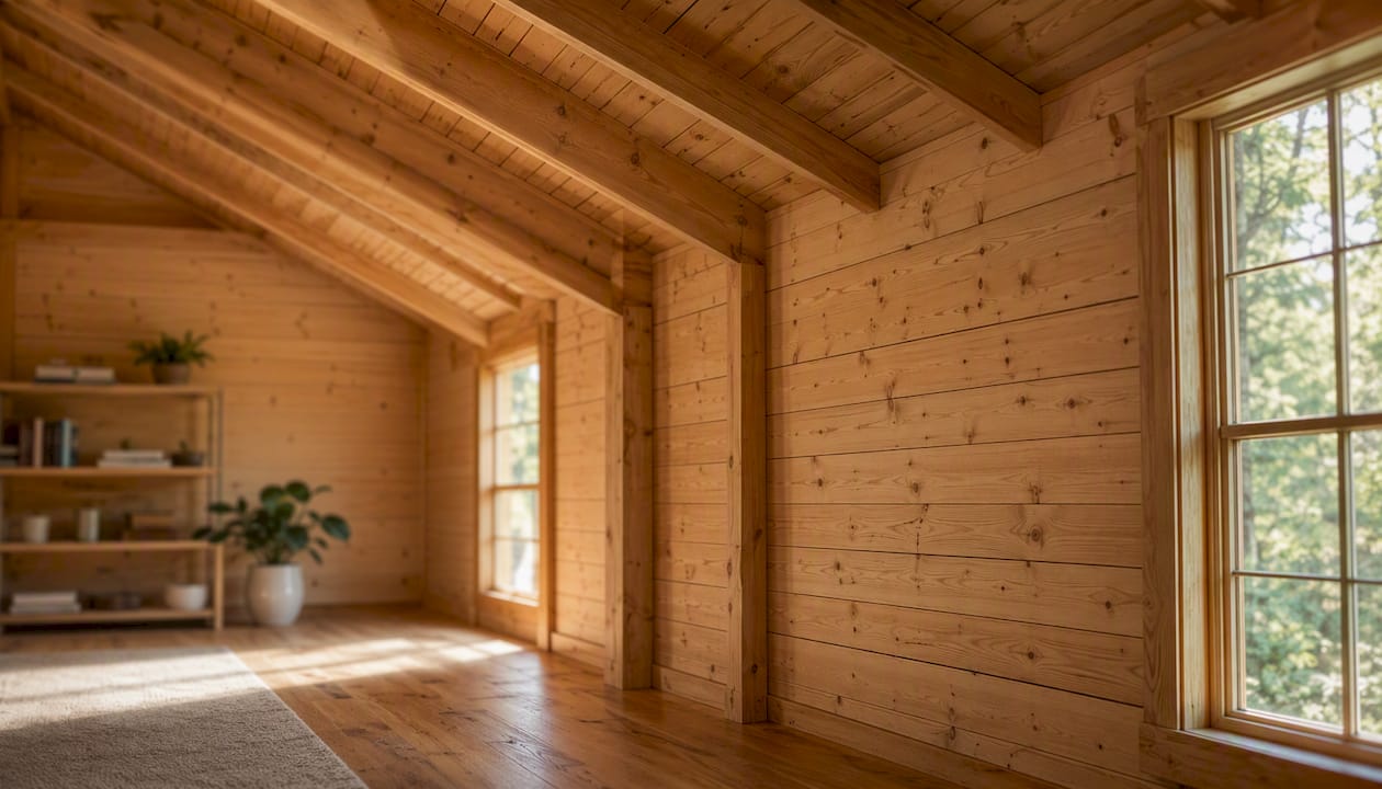 Interior view of sloping roof and wall clear height in garden cabin