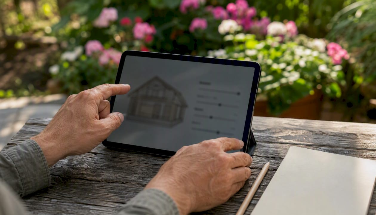 Hands pointing to cabin customization on tablet in garden