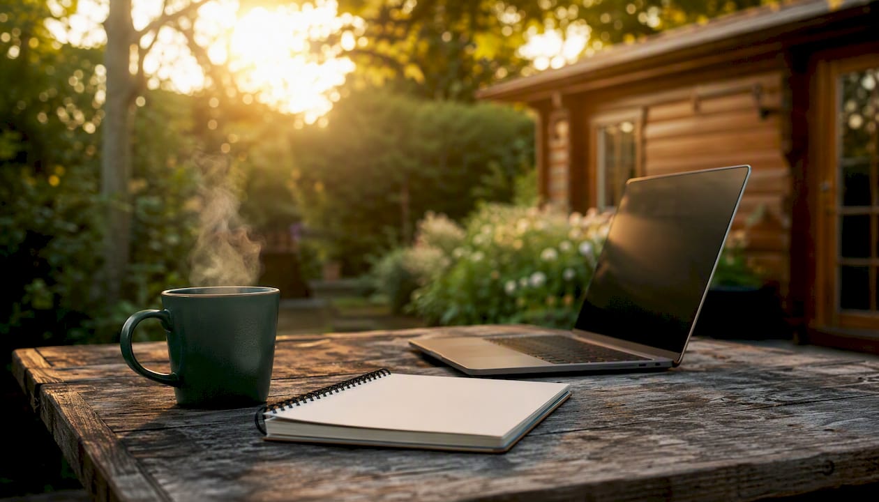 Tablet and tea cup on garden table with log cabin blurred background