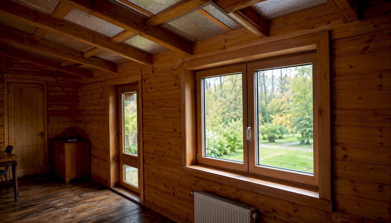 Well insulated log cabin interior showing walls and window