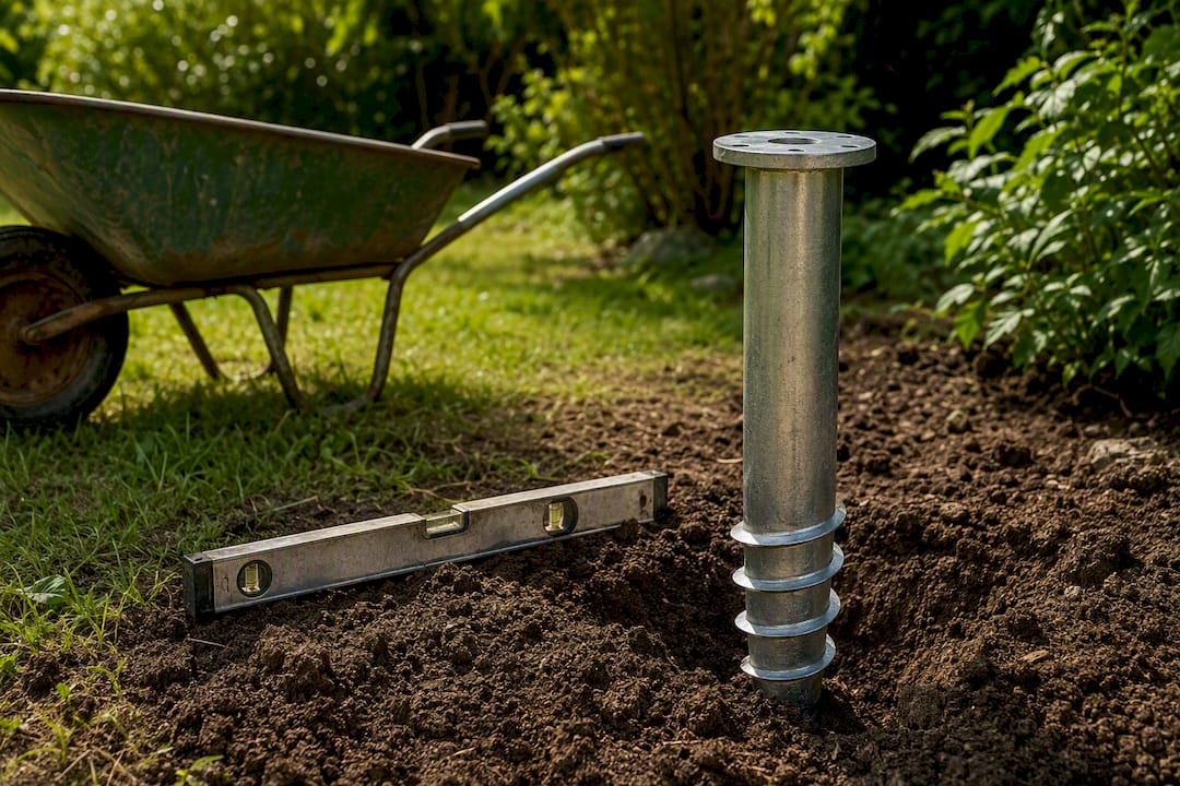 Ground screw foundation partially installed in garden soil