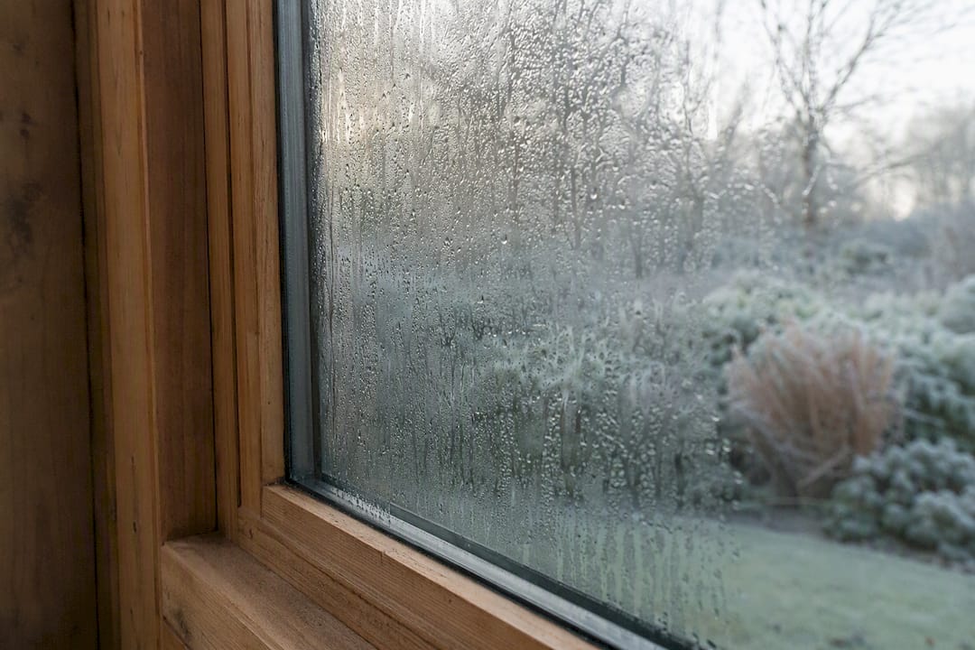 Condensation droplets on timber cabin double-glazed window in winter