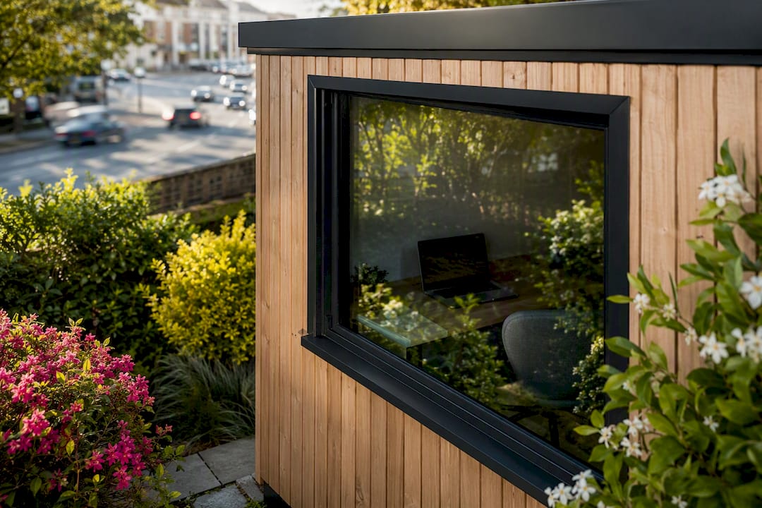 Garden office window with acoustic glazing near busy road