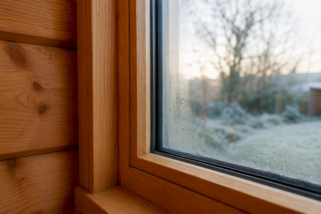 Double glazed timber window with condensation on winter morning
