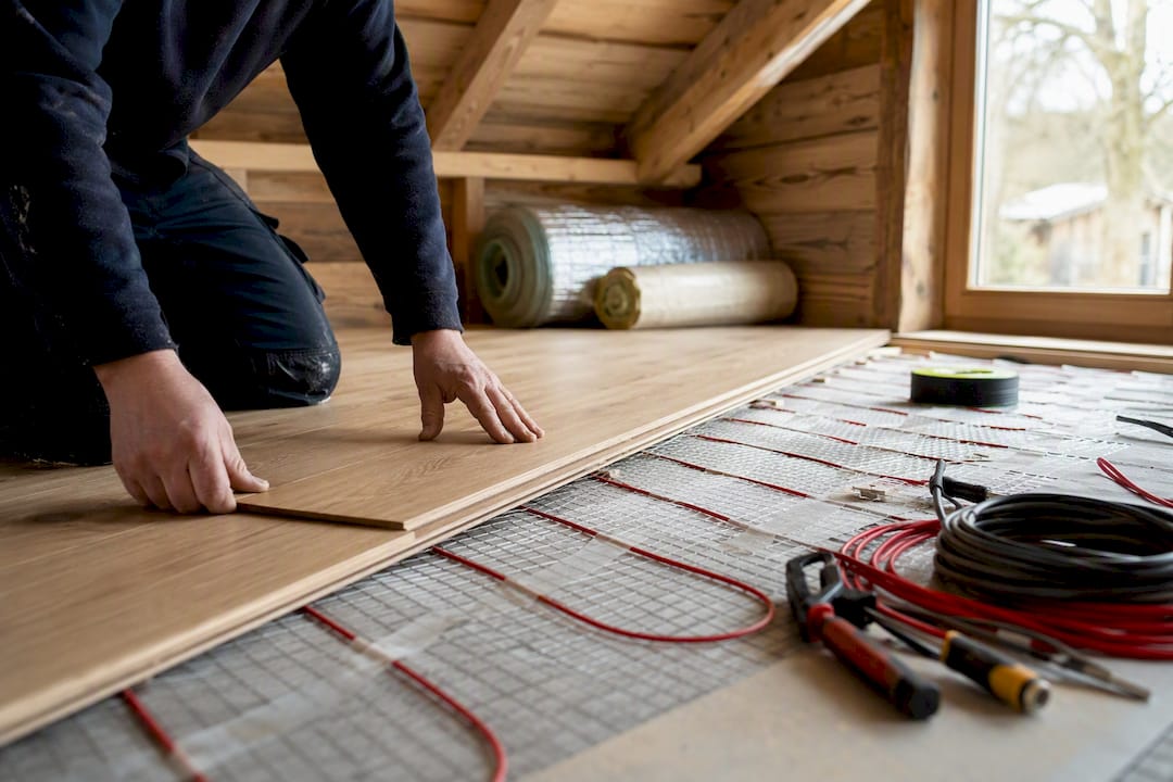 Electric underfloor heating mats installation under garden room floor