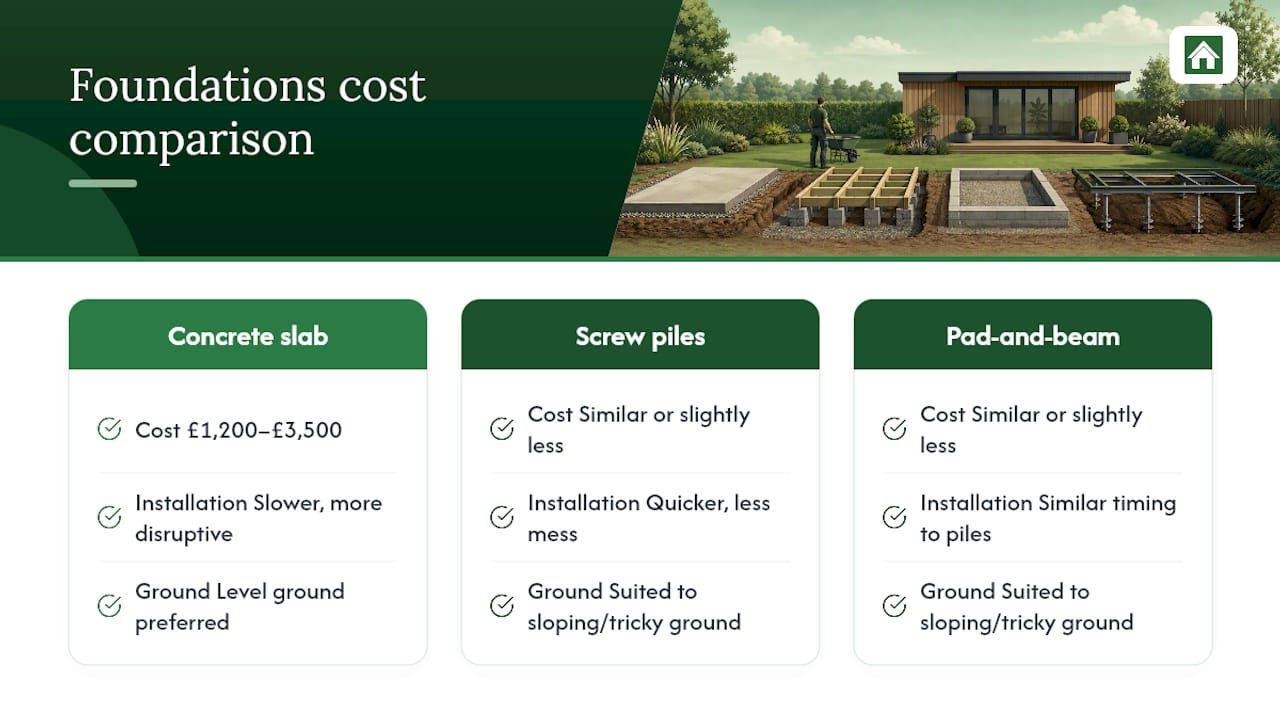 Diagram comparing garden office foundation types and costs