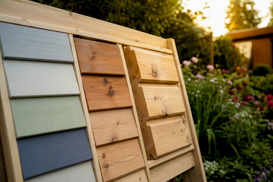 Timber cladding samples on display outdoors in UK garden