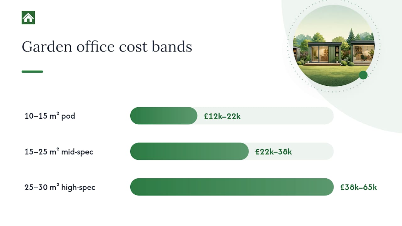 Diagram of garden office cost bands and influencing factors