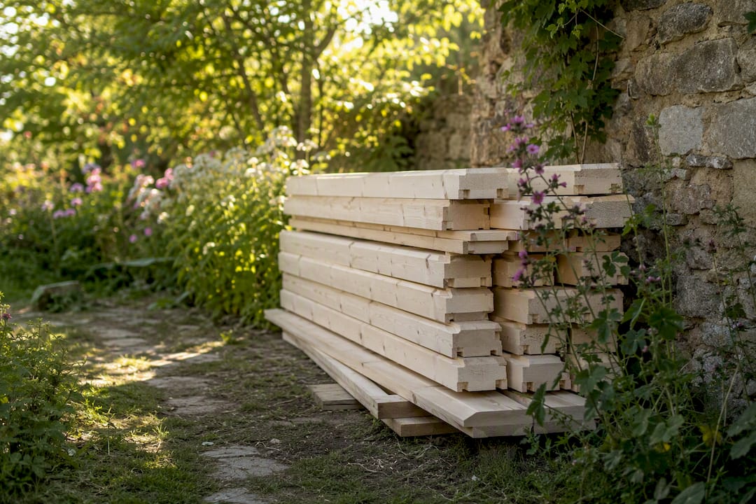 Timber log cabin kit sections near narrow garden gate