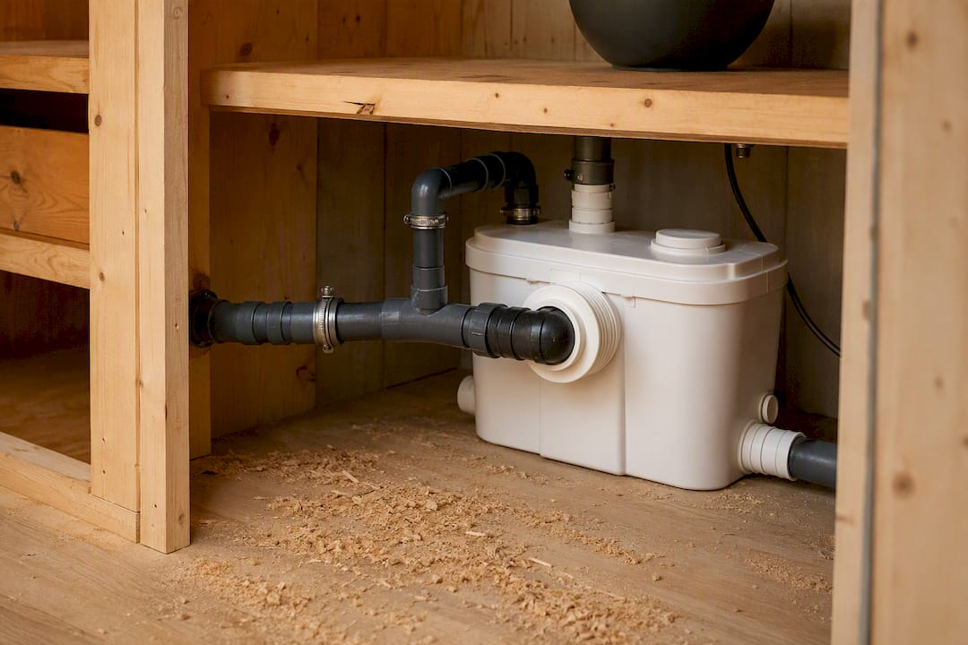 Macerator pump unit with connected pipes in garden room utility