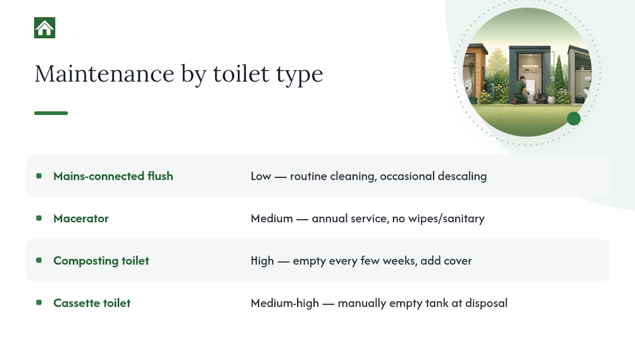 Maintenance and cleaning requirements for different garden room toilets — overview diagram