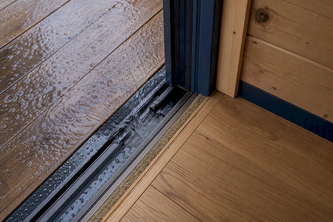 Flush threshold and drainage detail at timber cabin