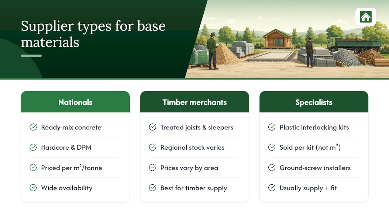 Recommended UK suppliers for log cabin base materials — overview diagram