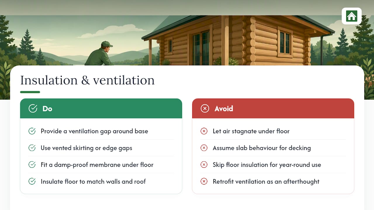 Insulation and ventilation when your cabin sits on decking — overview diagram