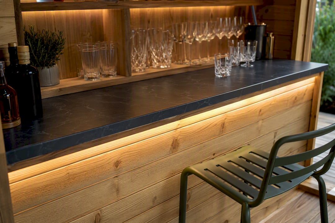 Sealed timber bar counter with outdoor accessories