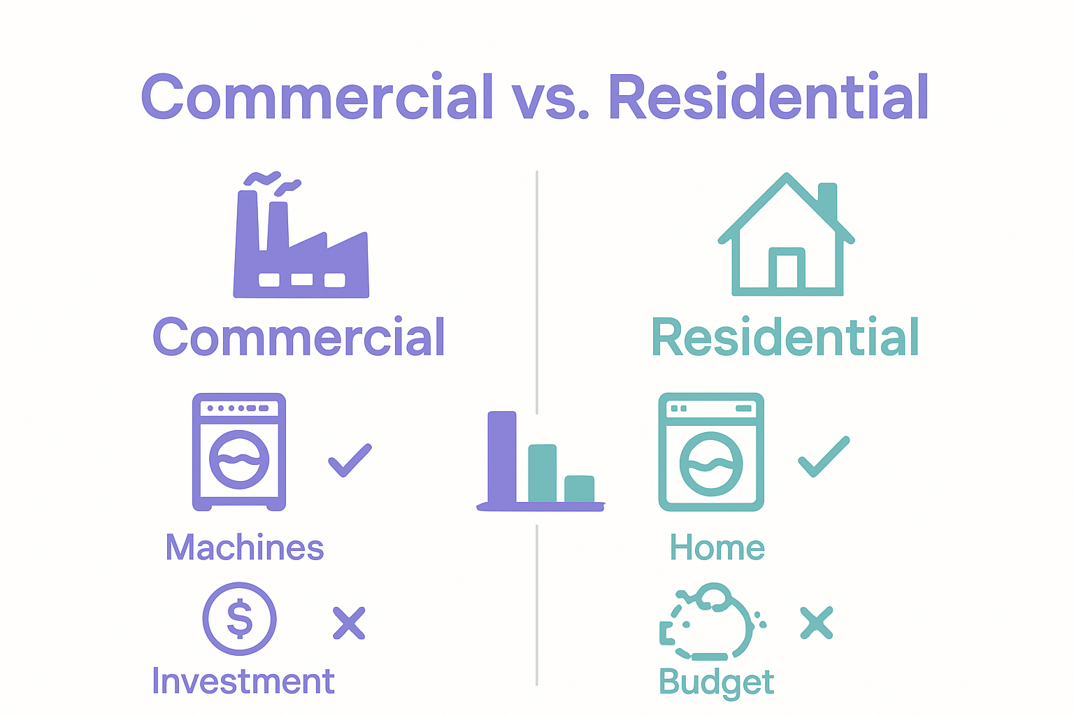 Illustrated comparison chart showing differences between commercial and home laundry.