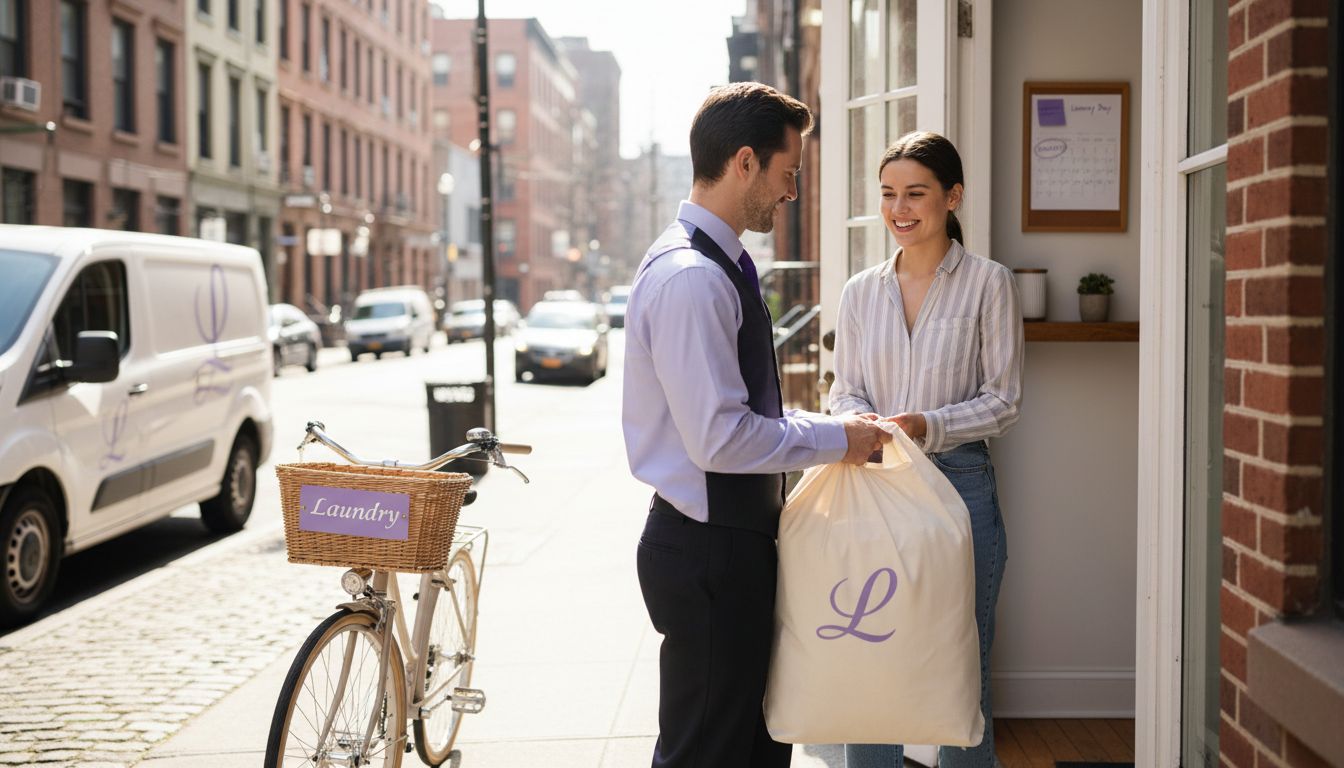Laundry courier delivers clean bag at city apartment