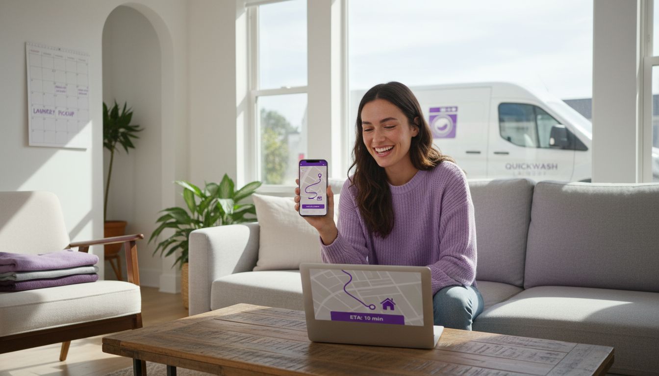 Mother tracks laundry pickup by app at home