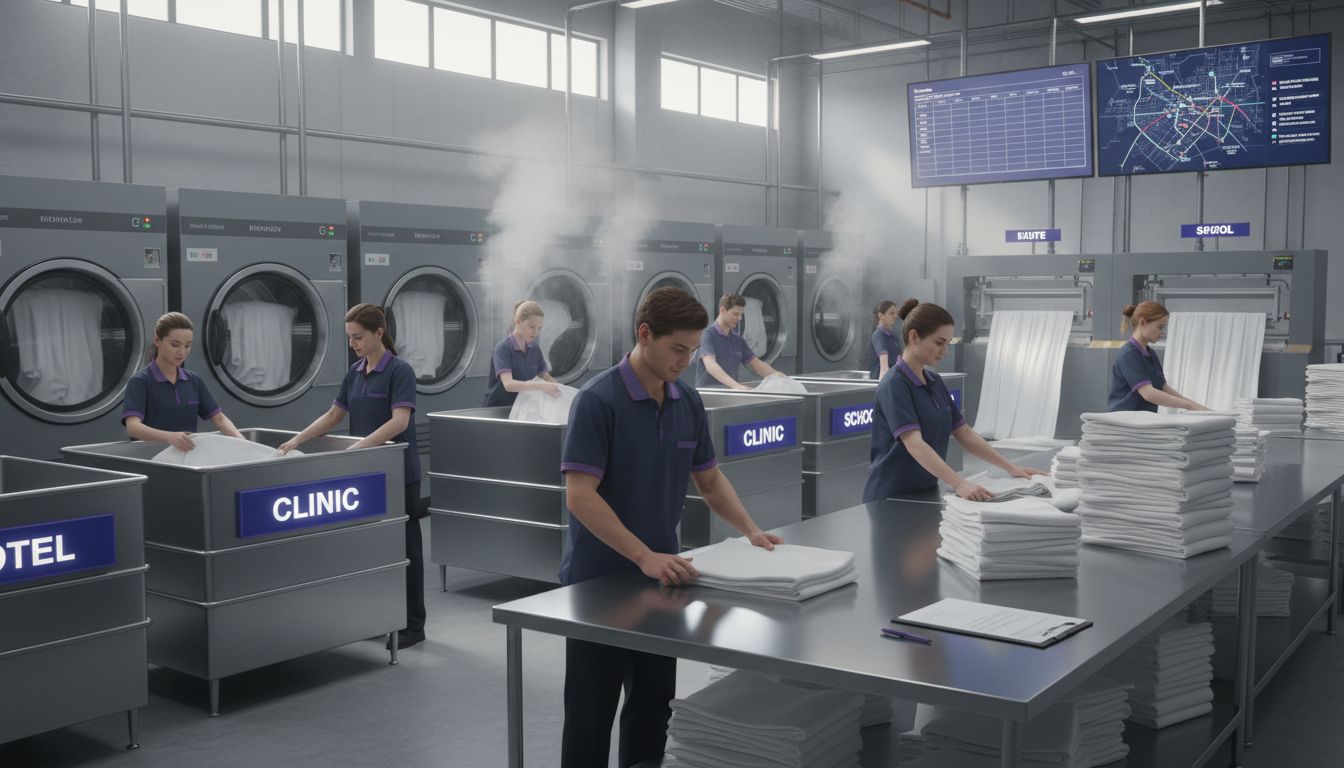 Commercial laundry staff sorting and routing bins
