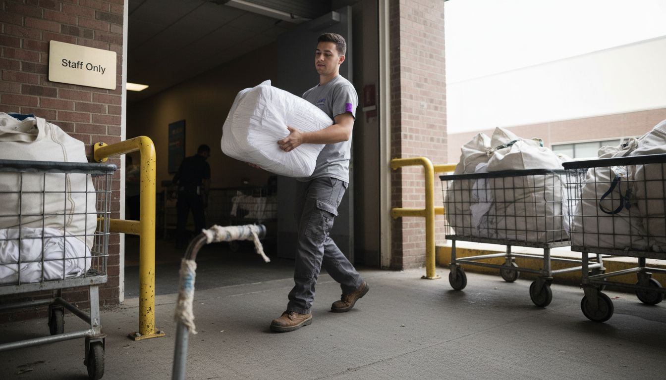 Driver delivering laundered linens at hotel dock