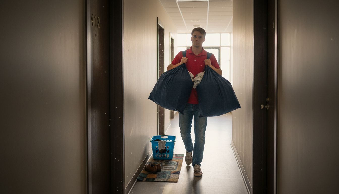 Laundry bags delivered in city apartment hallway